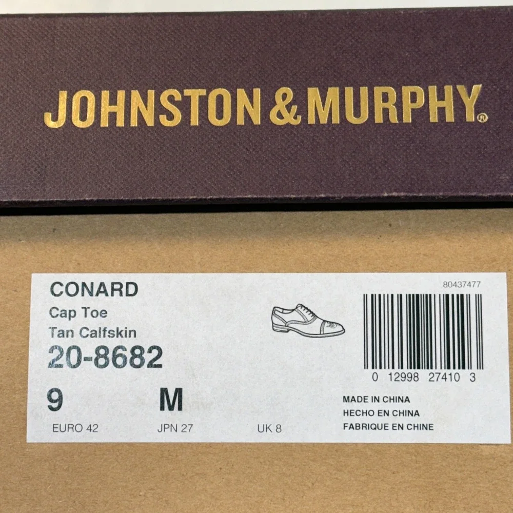 Johnston & Murphy Conard Tan Calfskin Leather Cap Toe Brogue Oxford Shoes 9 M
